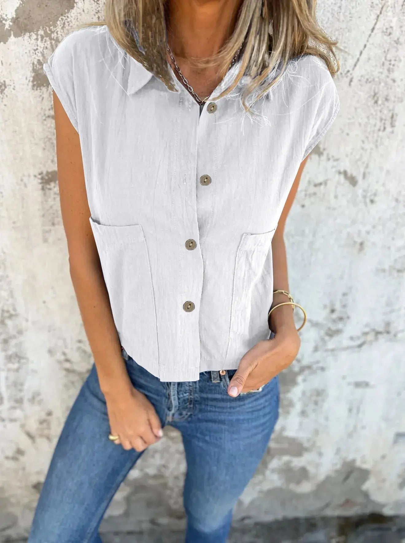 Full Size Cap Sleeve Button Down Linen Shirt