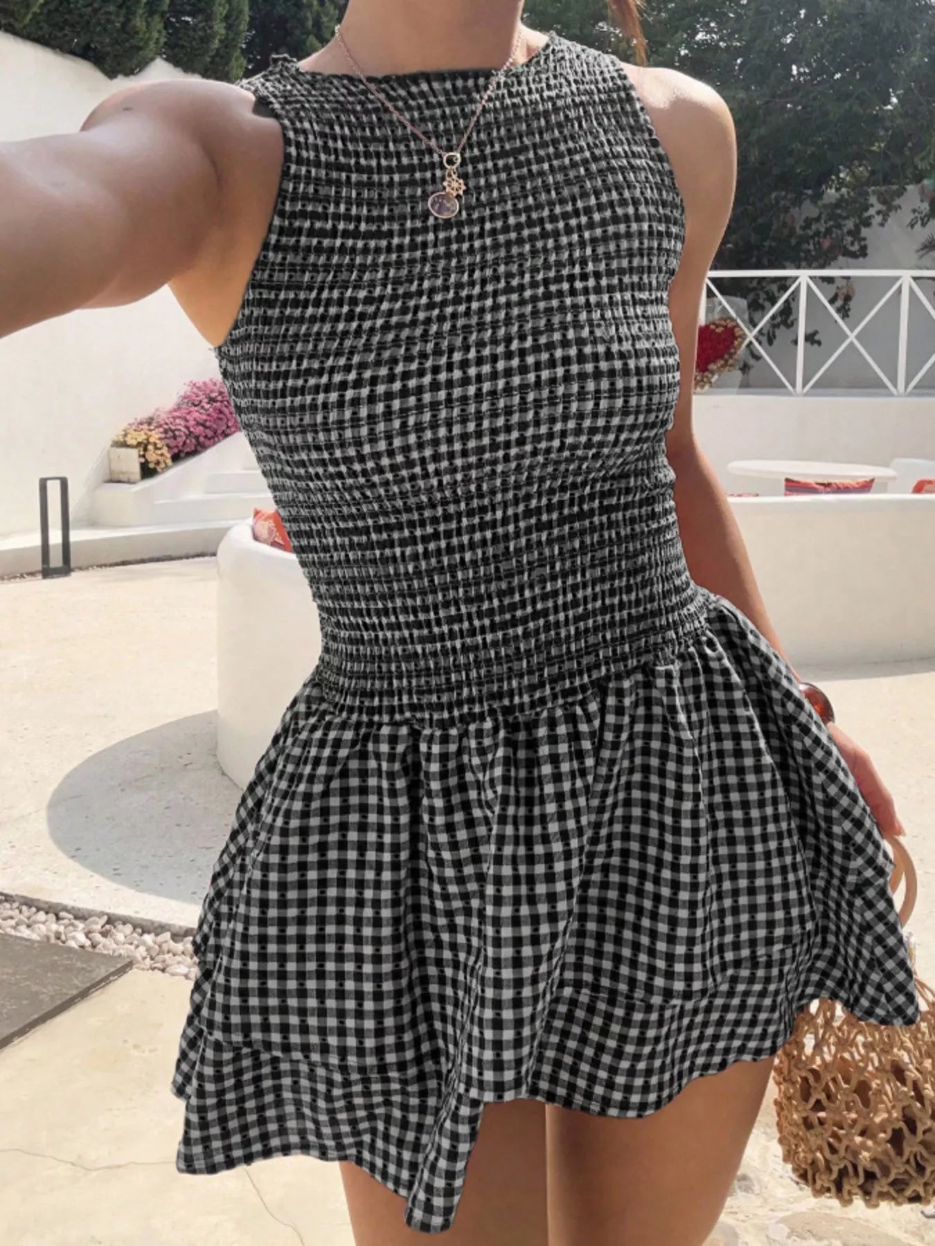 Smocked Gingham Mini Dress