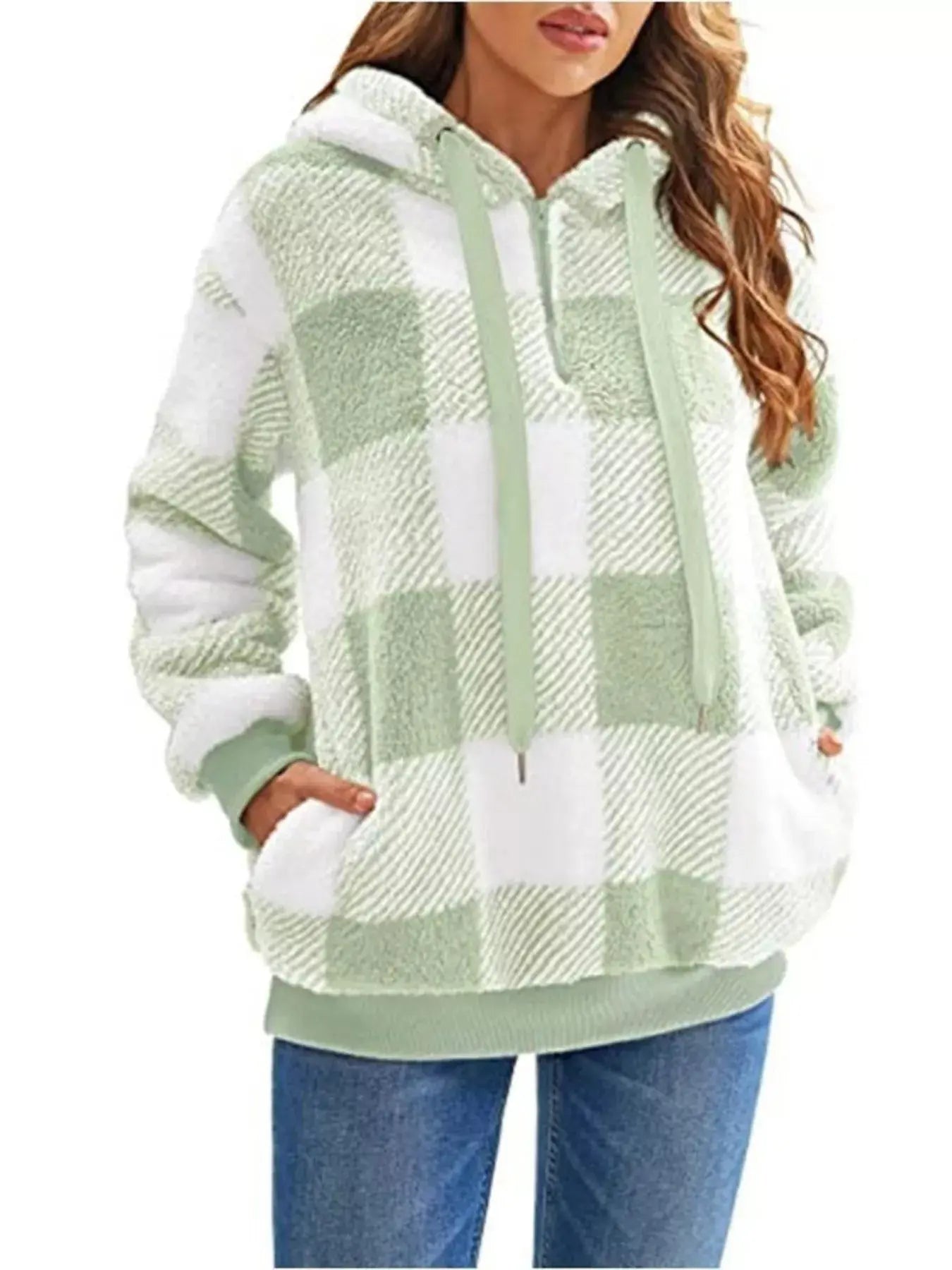 Plus Size Plaid Drawstring Sherpa Hoodie