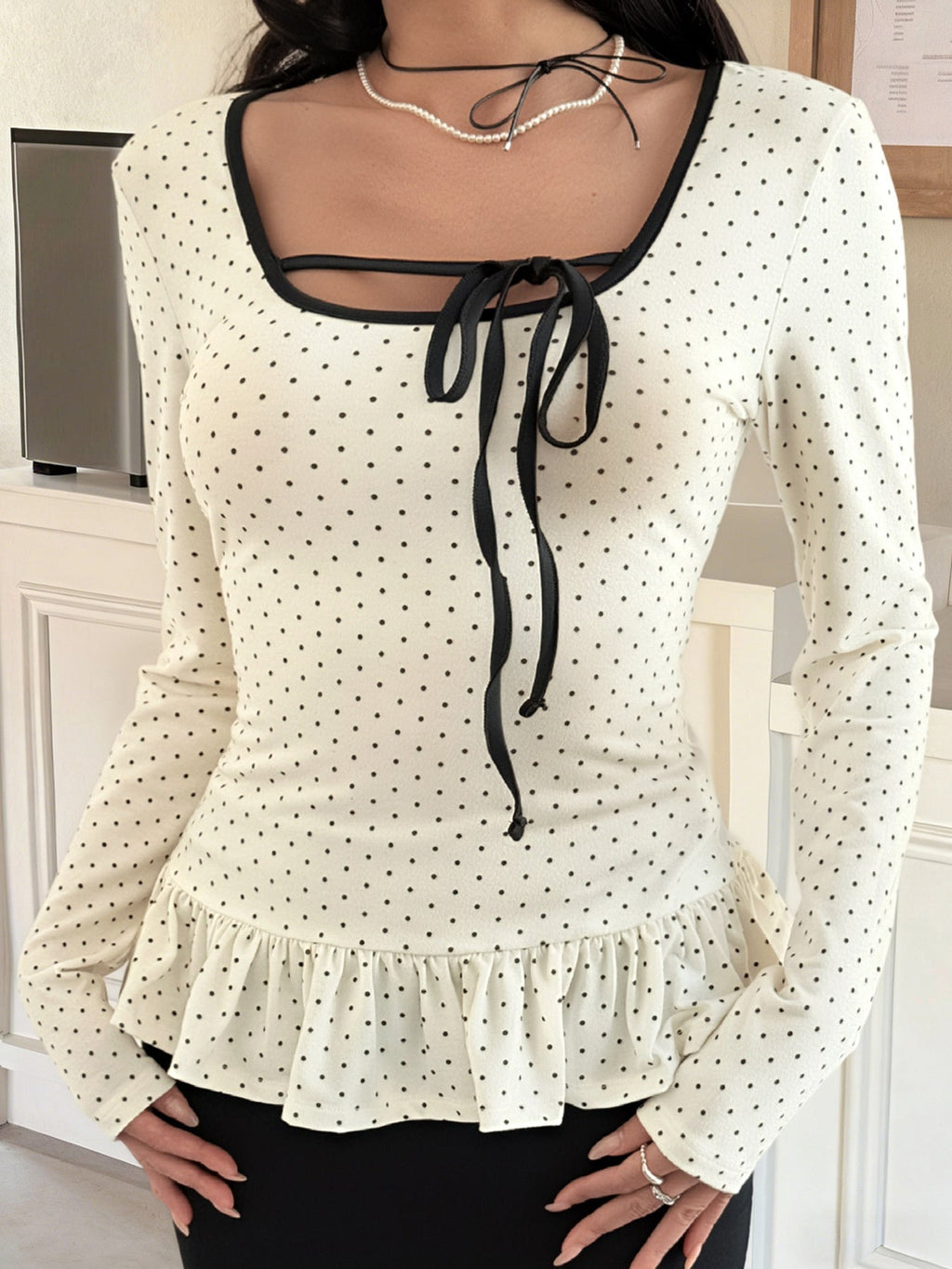 Polka Dot Ruffle Trim Tie Front Long Sleeve Top