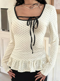 Polka Dot Ruffle Trim Tie Front Long Sleeve Top