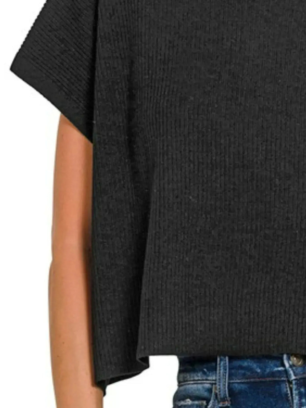 Zenana Black Viscose Mock Neck Short Sleeve Boxy Sweater
