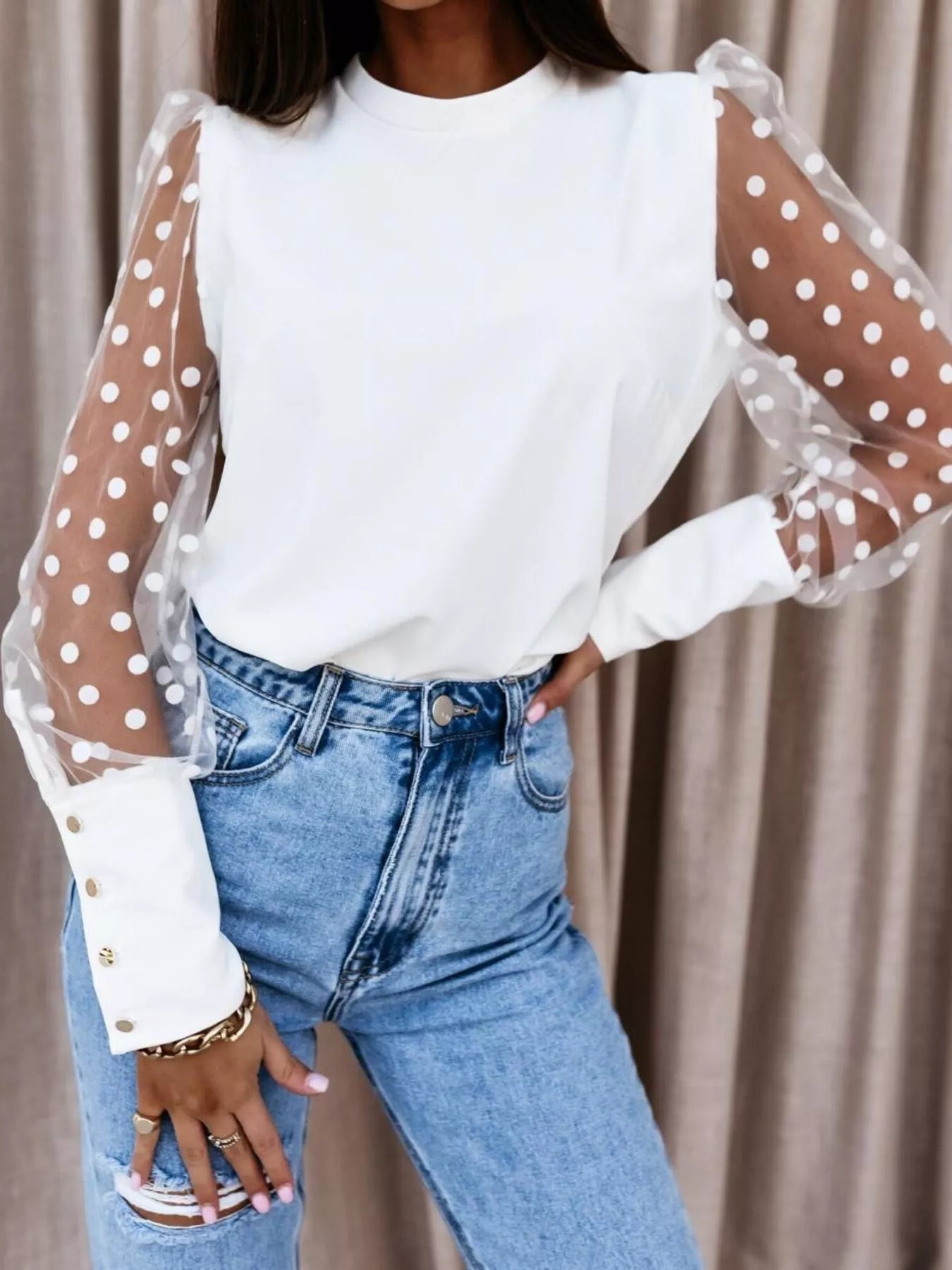Polka Dot Mesh Sleeve Blouse