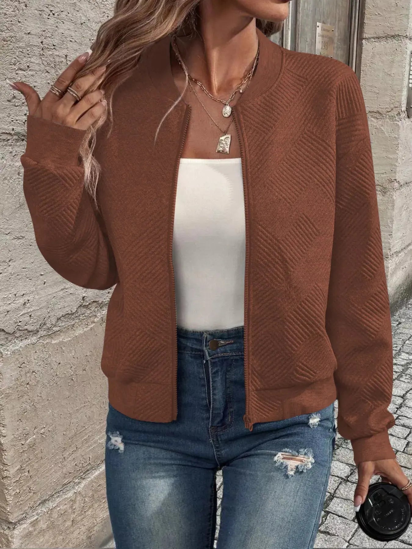 Texture Zip Up Bomber Jacket