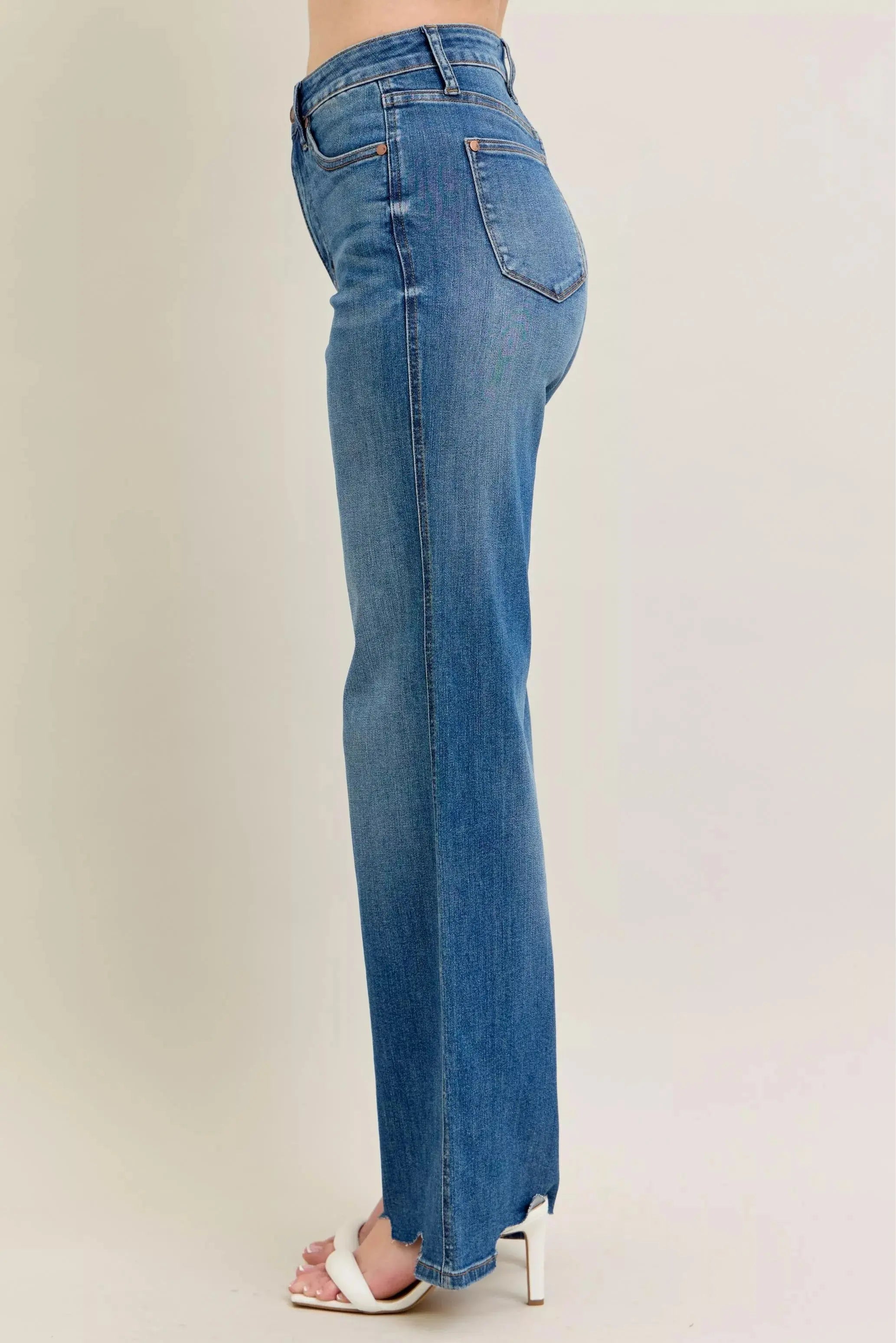 Judy Blue Full Size High Waist Tummy Control Destroy Wide Leg Jeans with Chew Hem