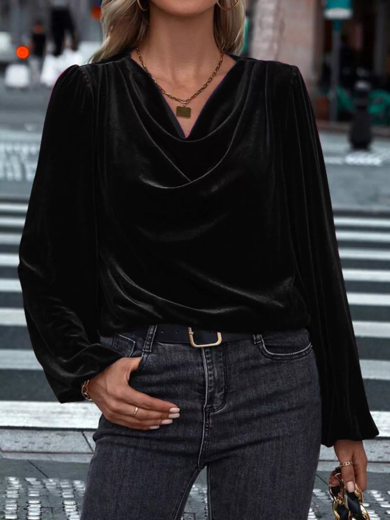 Velvet Cowl Neck Long Sleeve Blouse