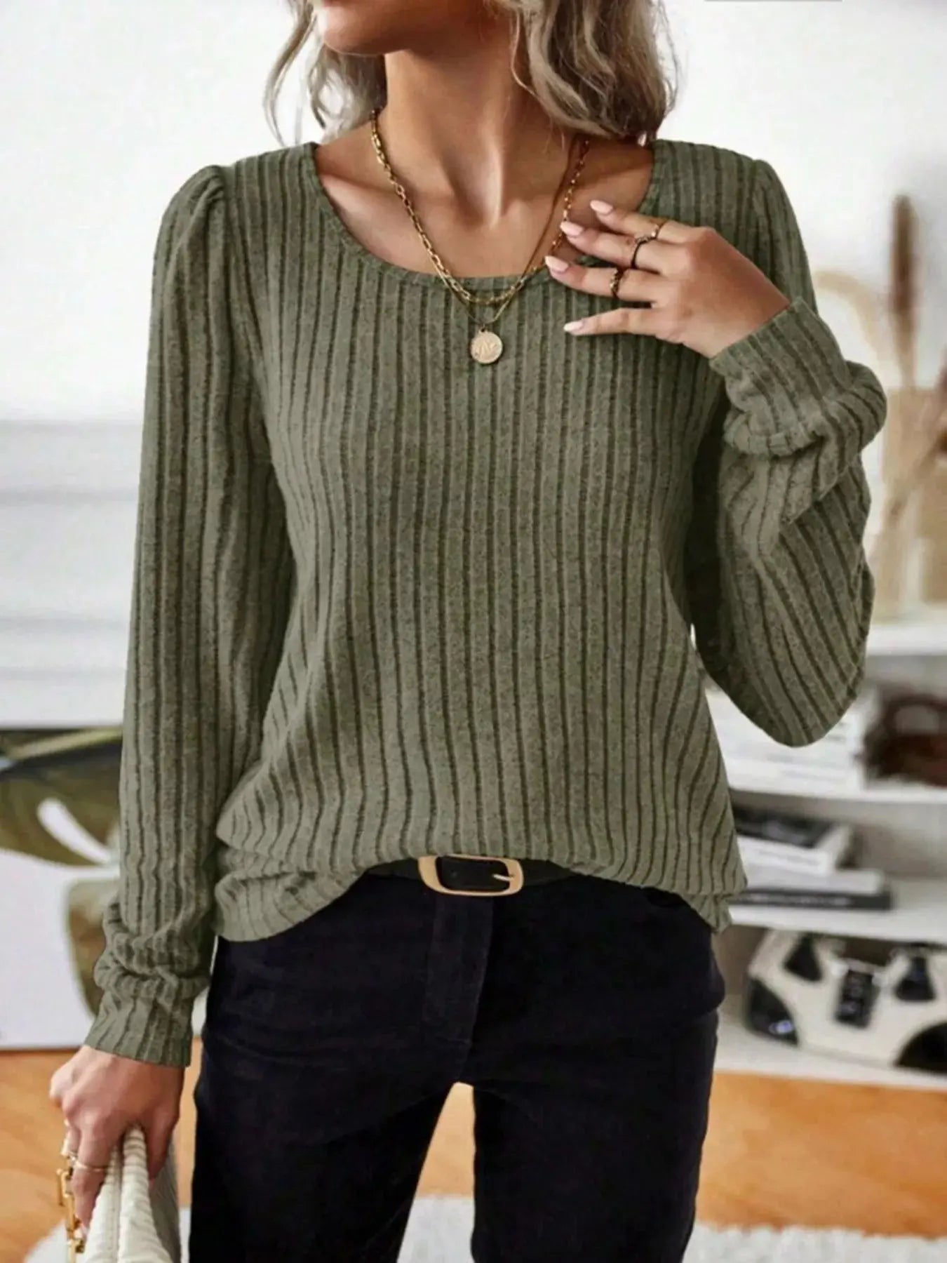 Ribbed Knit Long Sleeve T Shirt