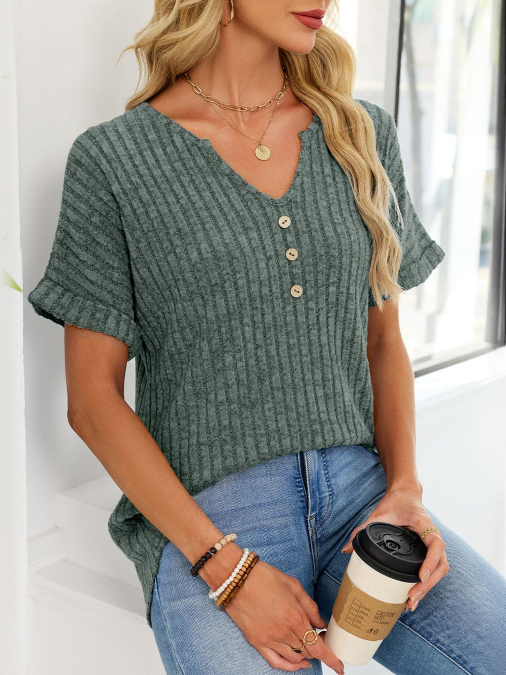 Women's Ribbed Knit Button V Neck Short Sleeve T Shirt
