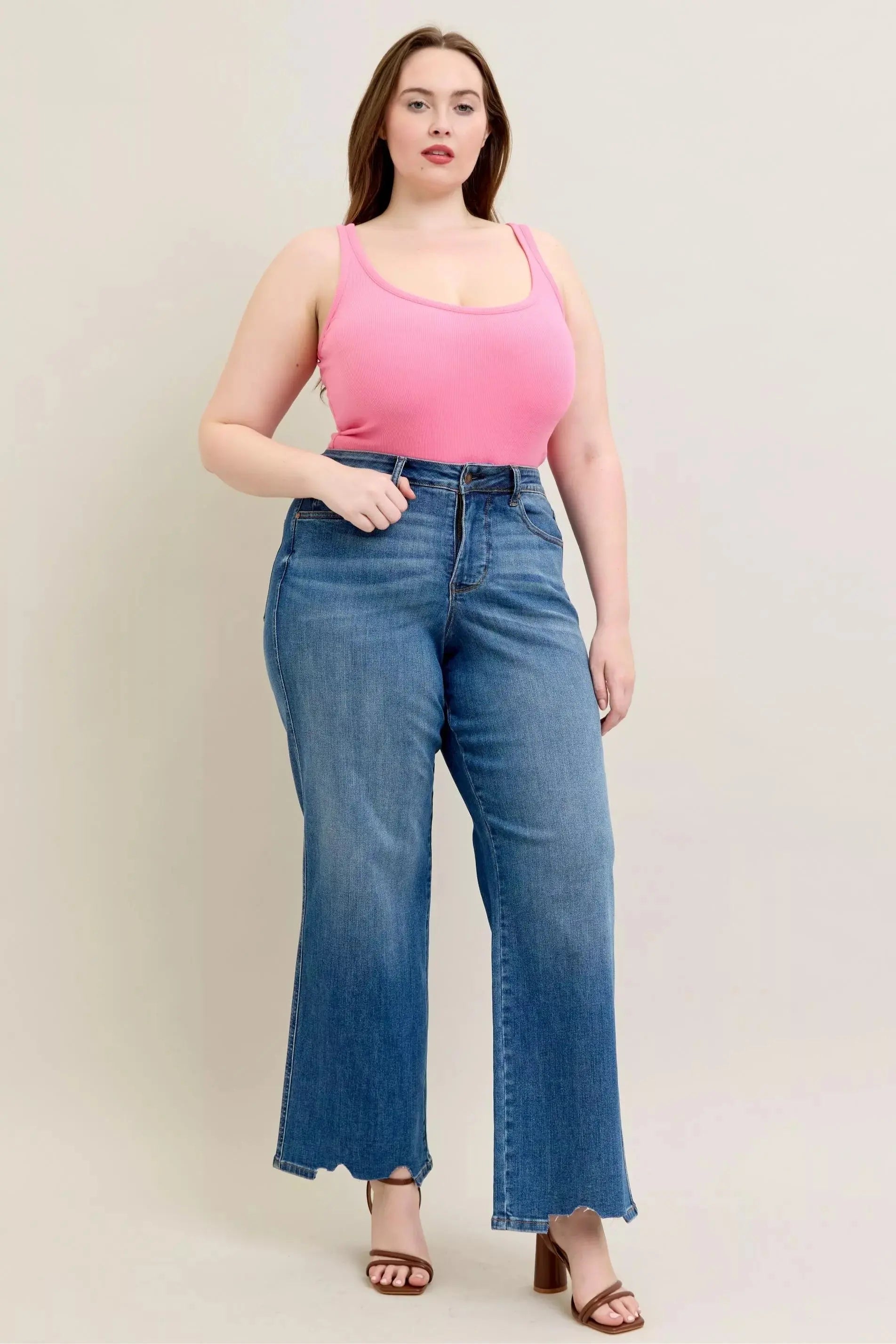 Judy Blue Full Size High Waist Tummy Control Destroy Wide Leg Jeans with Chew Hem