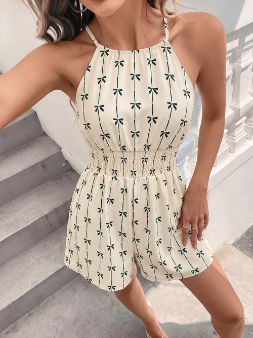 Bow Print Smocked Halter Neck Romper