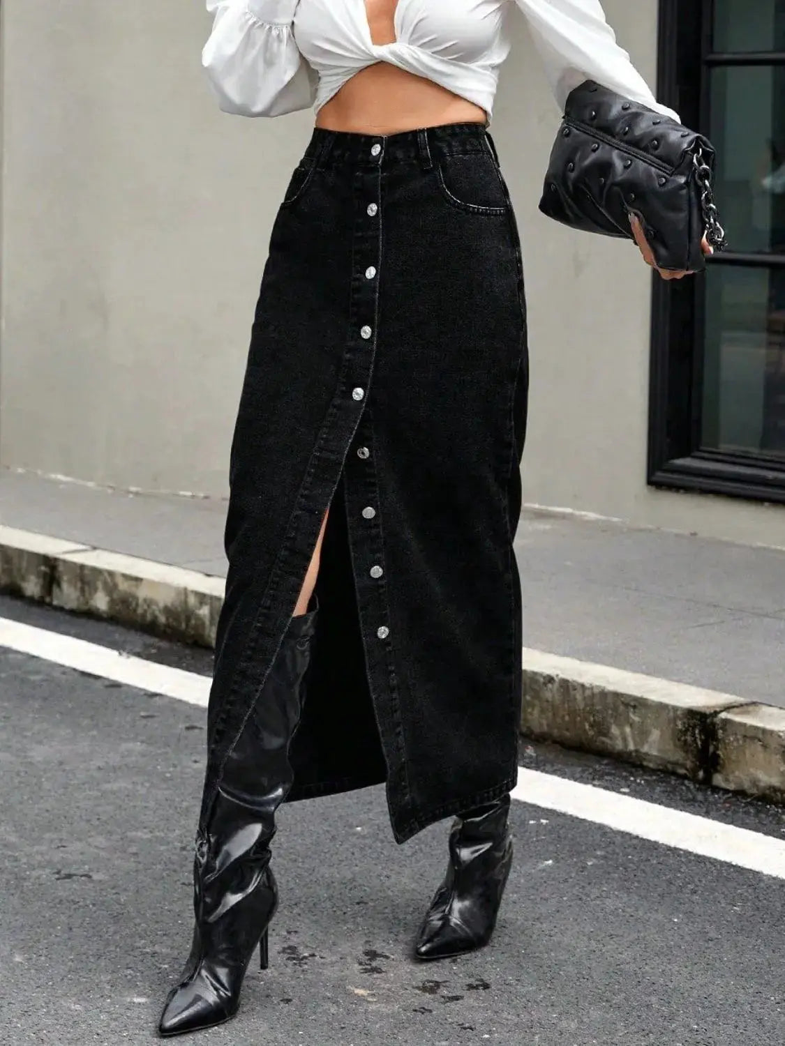 Black Button Front Denim Maxi Skirt with Slit