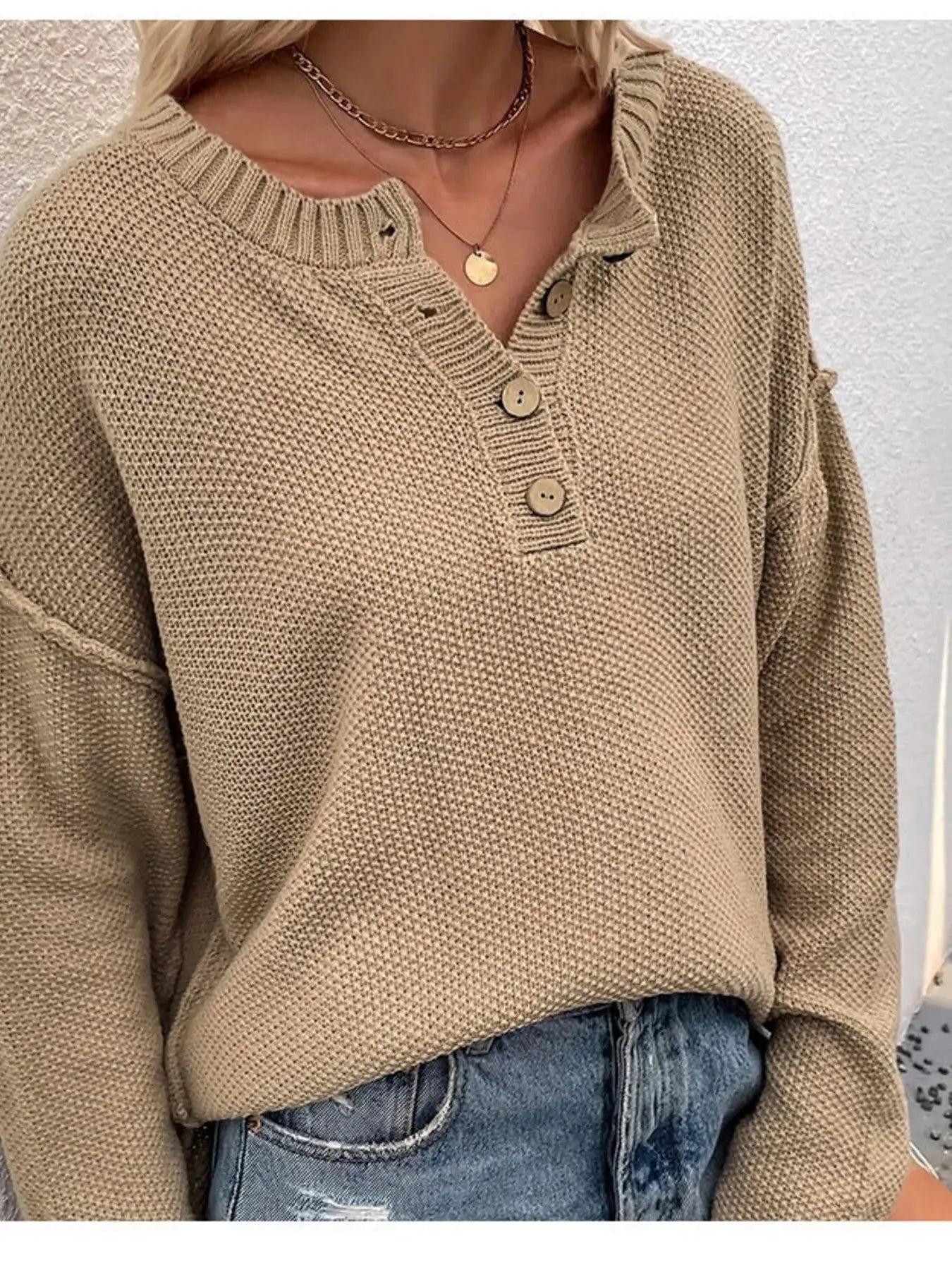 Waffle-Knit Button Detail Long Sleeve Knit Top