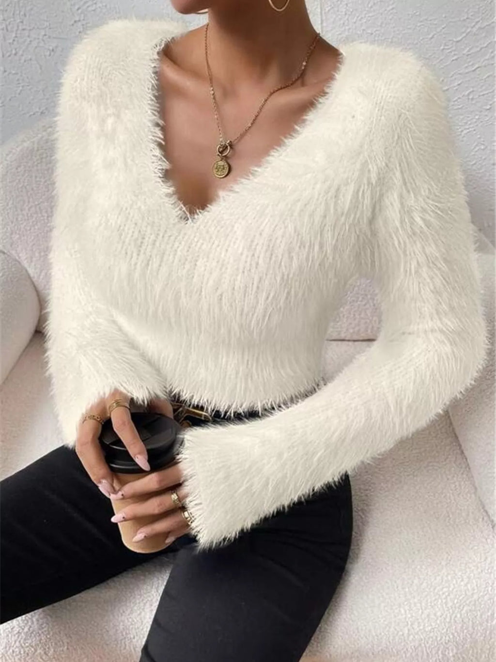 Fluffy Knit V Neck Sweater