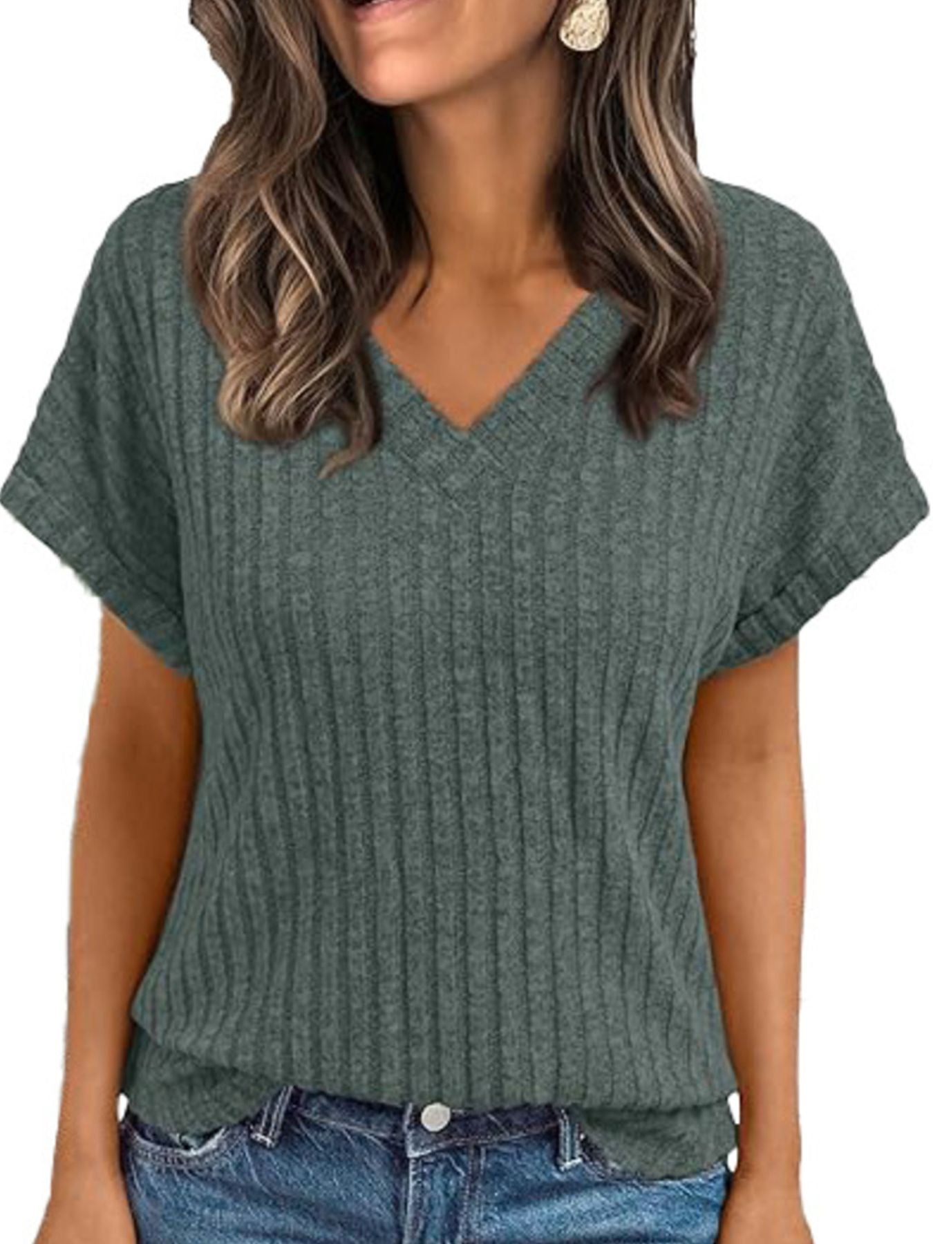 Ribbed Knit V Neck Relaxed Fit T Shirt