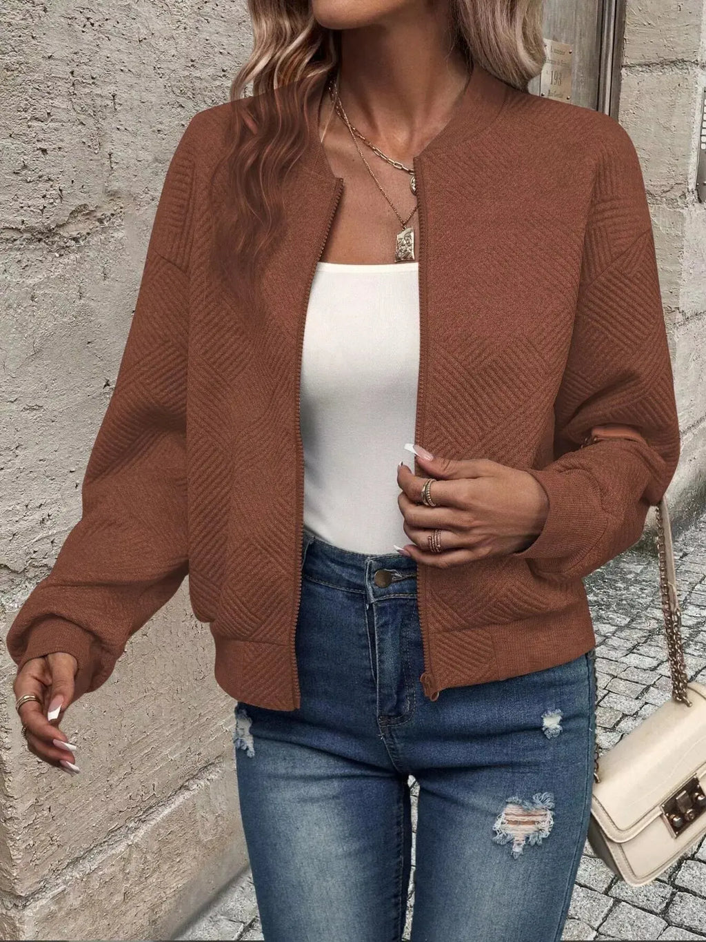 Texture Zip Up Bomber Jacket