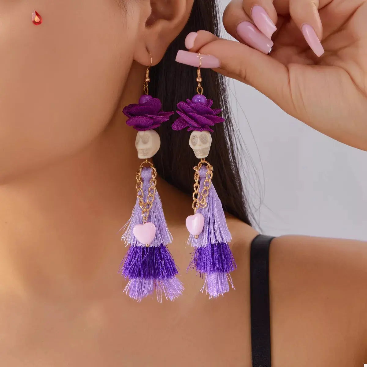 Sugar Skull Tassel Halloween Drop Earrings