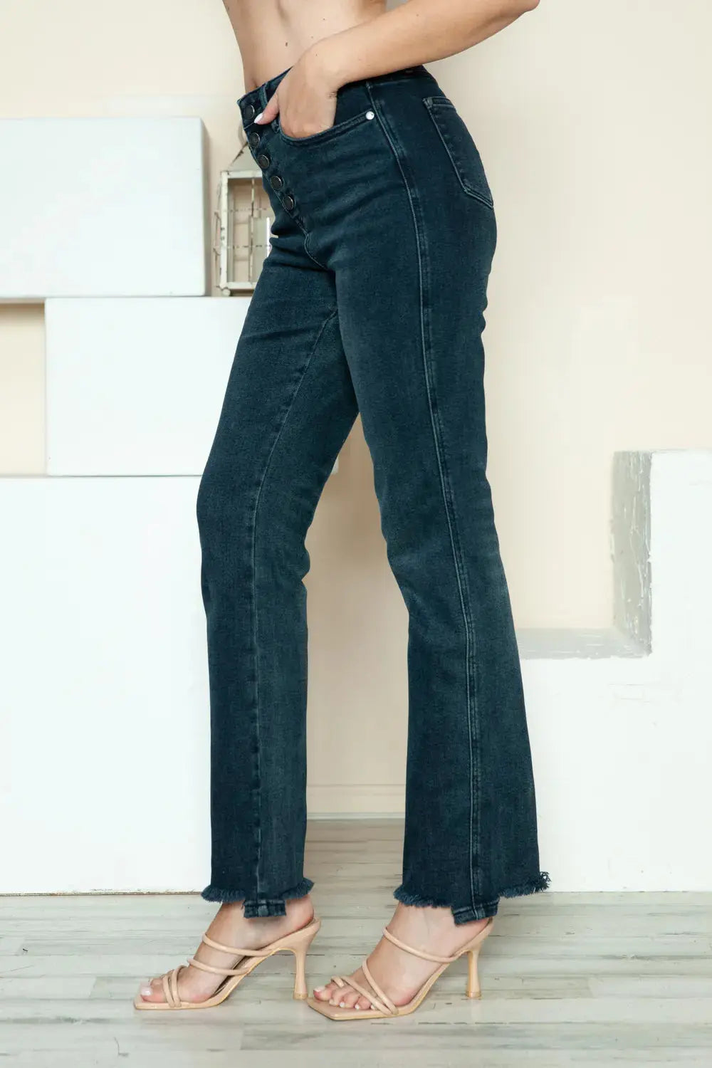 Plus Size Button Fly Hem Destroy Straight Leg Judy Blue Jeans