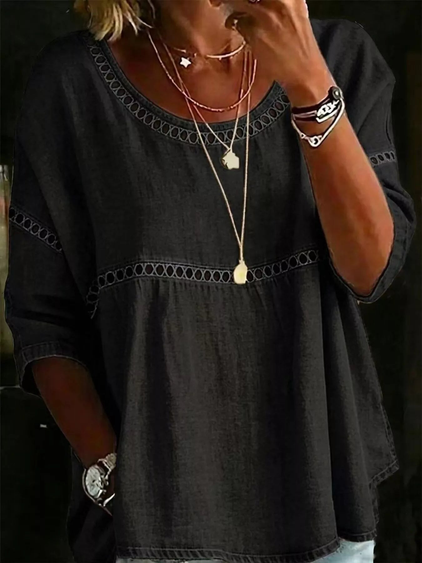 Full Size Hollow Out Round Neck Top