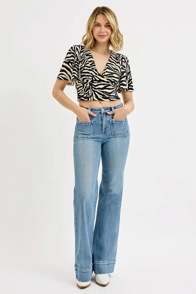 High Waist Wide Flare Patch Pocket RISEN Jeans – Full Size