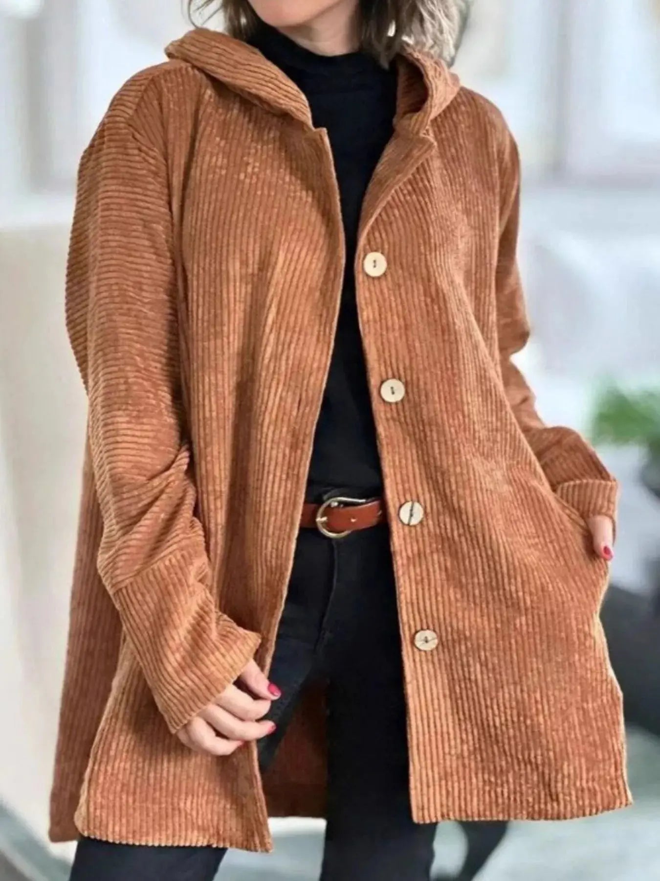 Full Size Corduroy Hooded Button Up Jacket