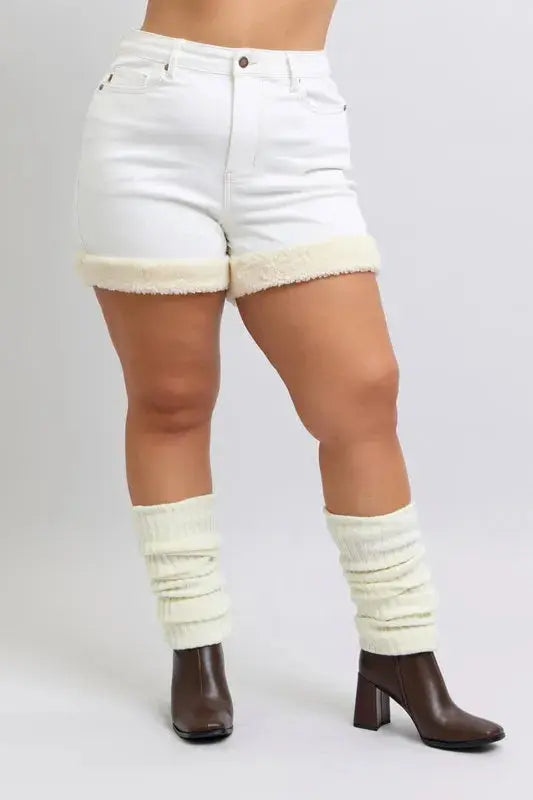 Judy Blue Jeans - Full Size High Waist Shearling Cuff Denim Shorts