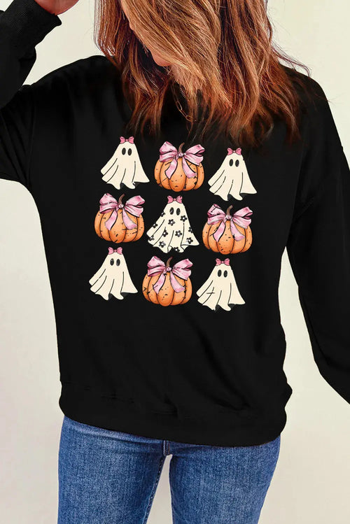 Black Pumpkin & Ghost Round Neck Long Sleeve Halloween Sweatshirt