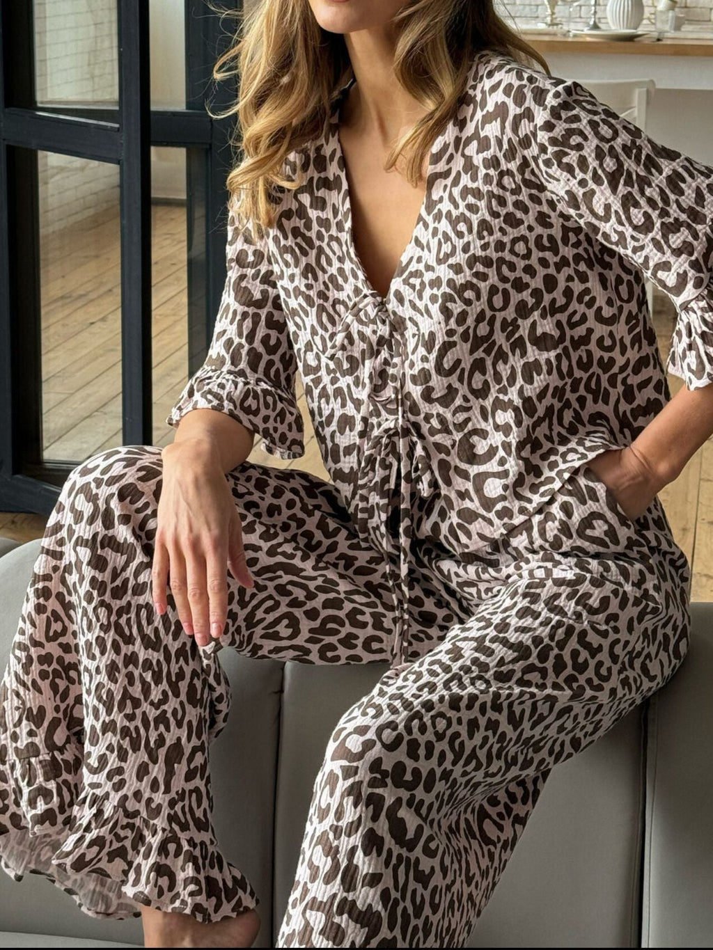Leopard Print Ruffle Trim Cotton Lounge Set