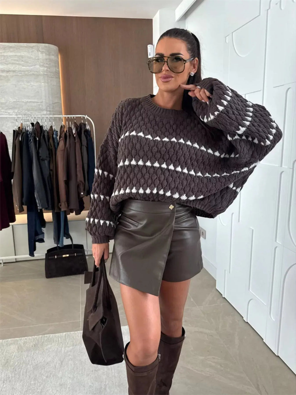 Striped Chunky Knit Sweater with Balloon Sleeves