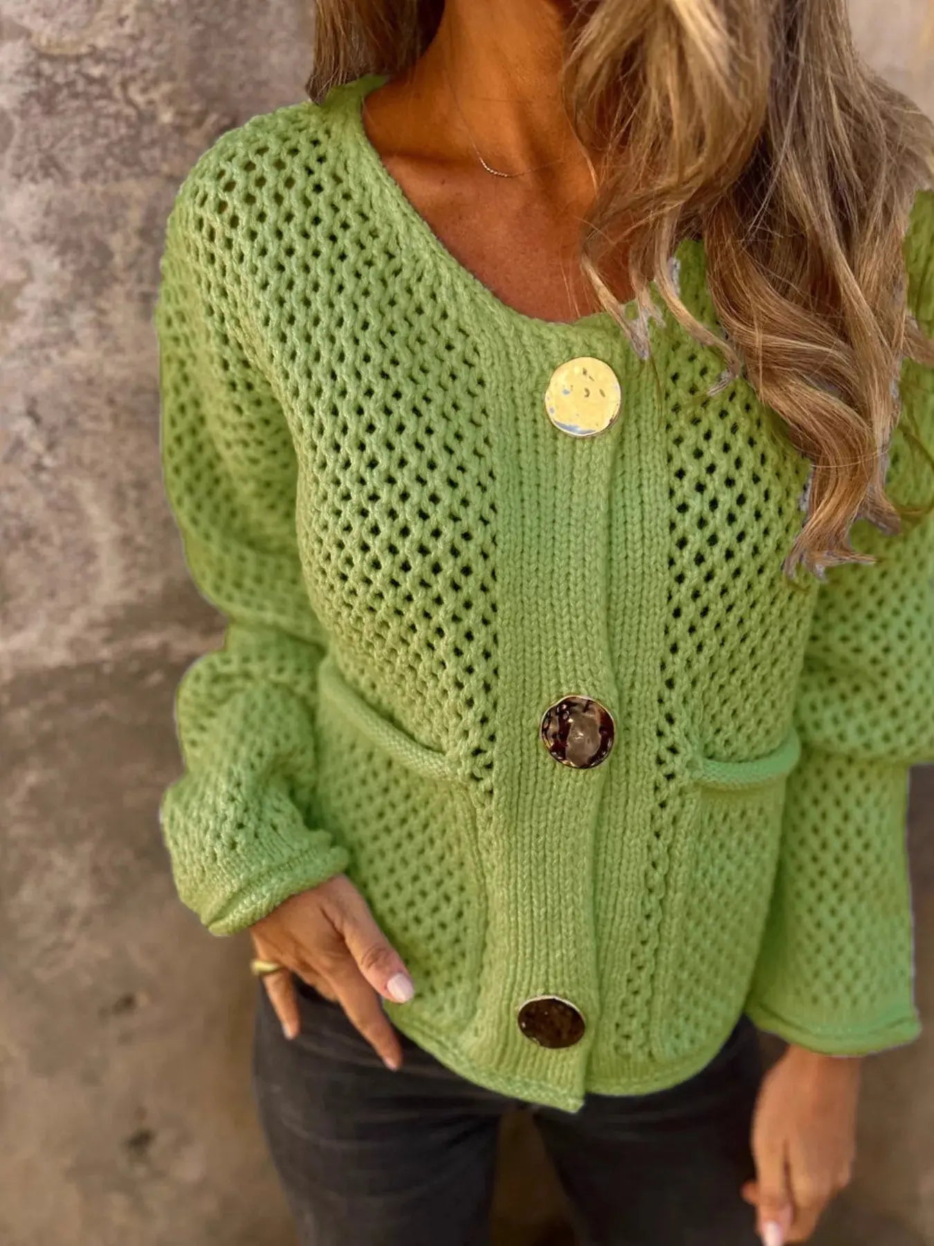 Crochet Button Up Long Sleeve Cardigan