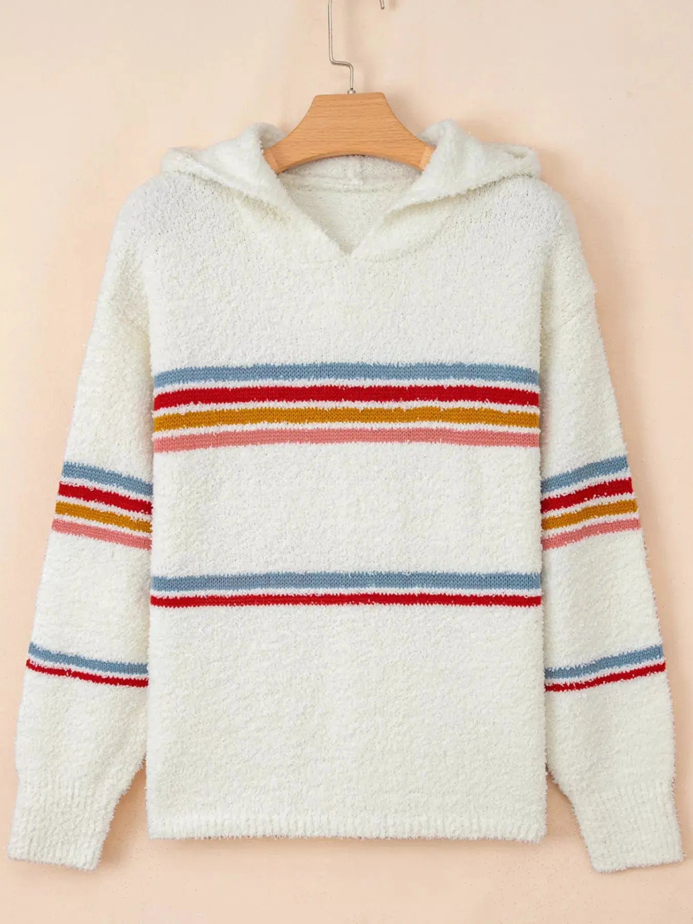 Multicolored Striped Accent Popcorn Hooded Sweater