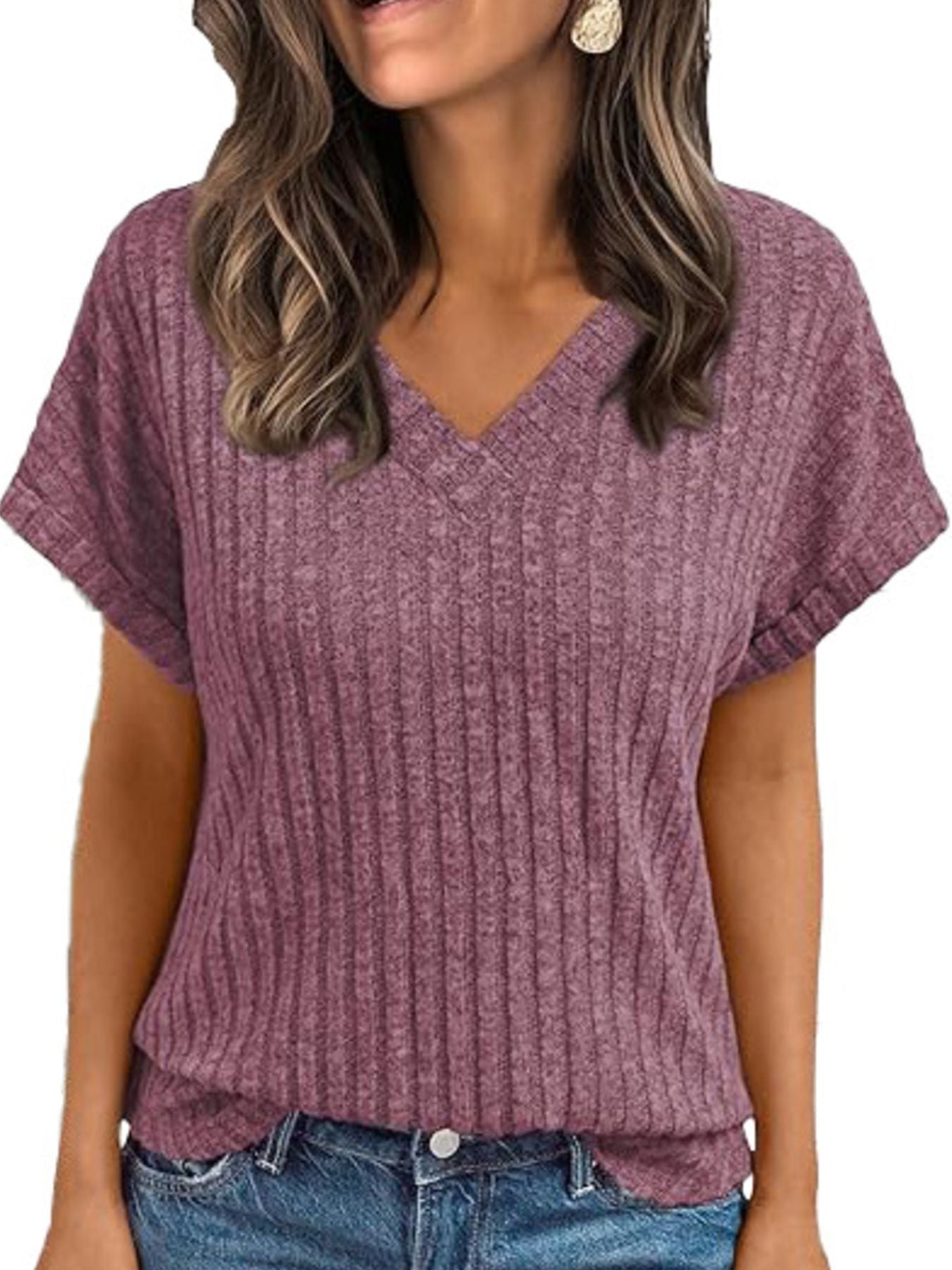 Ribbed Knit V Neck Relaxed Fit T Shirt
