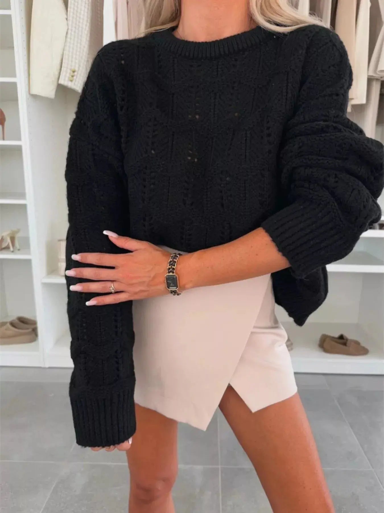 Round Neck Openwork Sweater