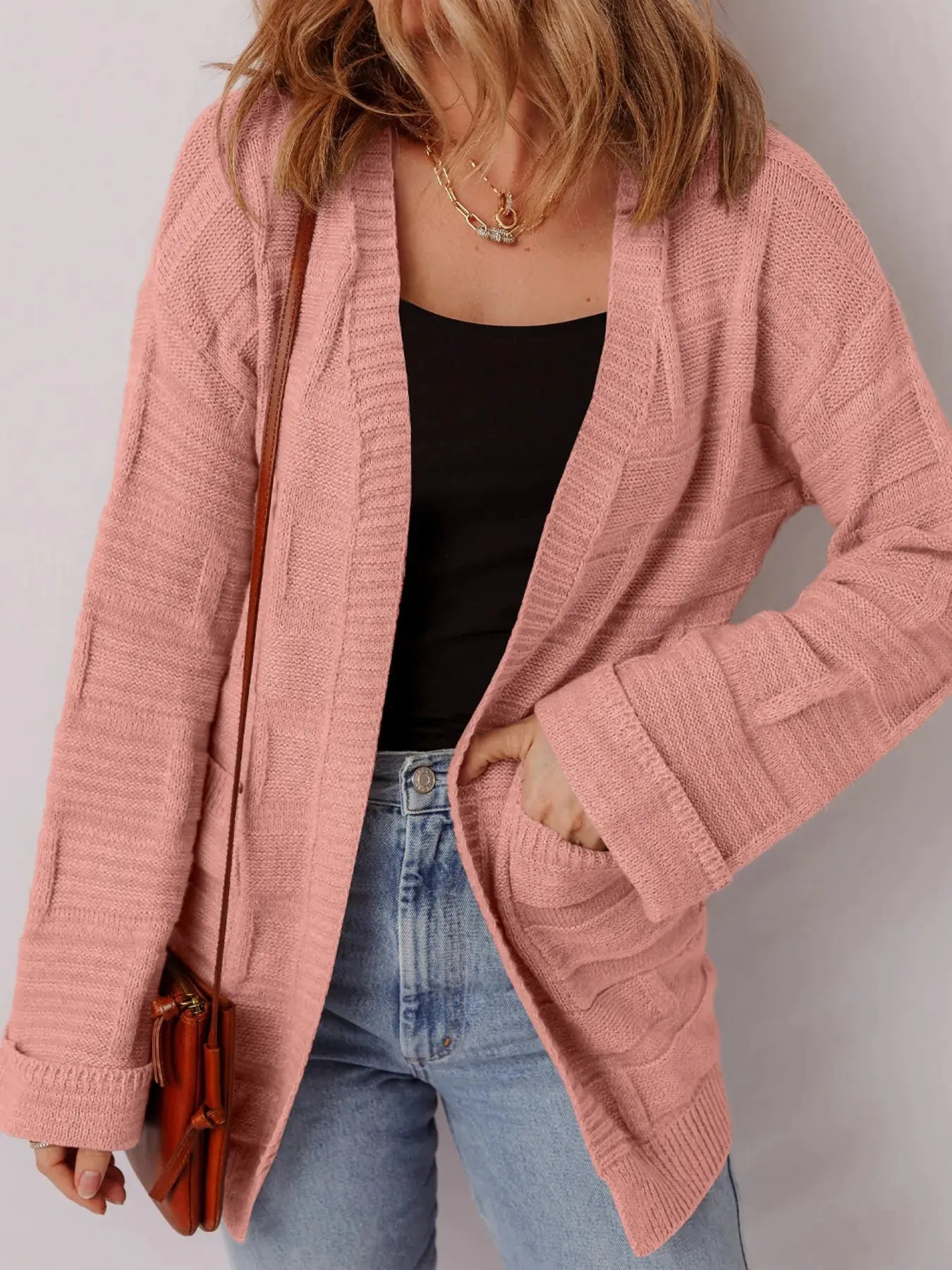 Textured Knit Open Front Cardigan with Pockets