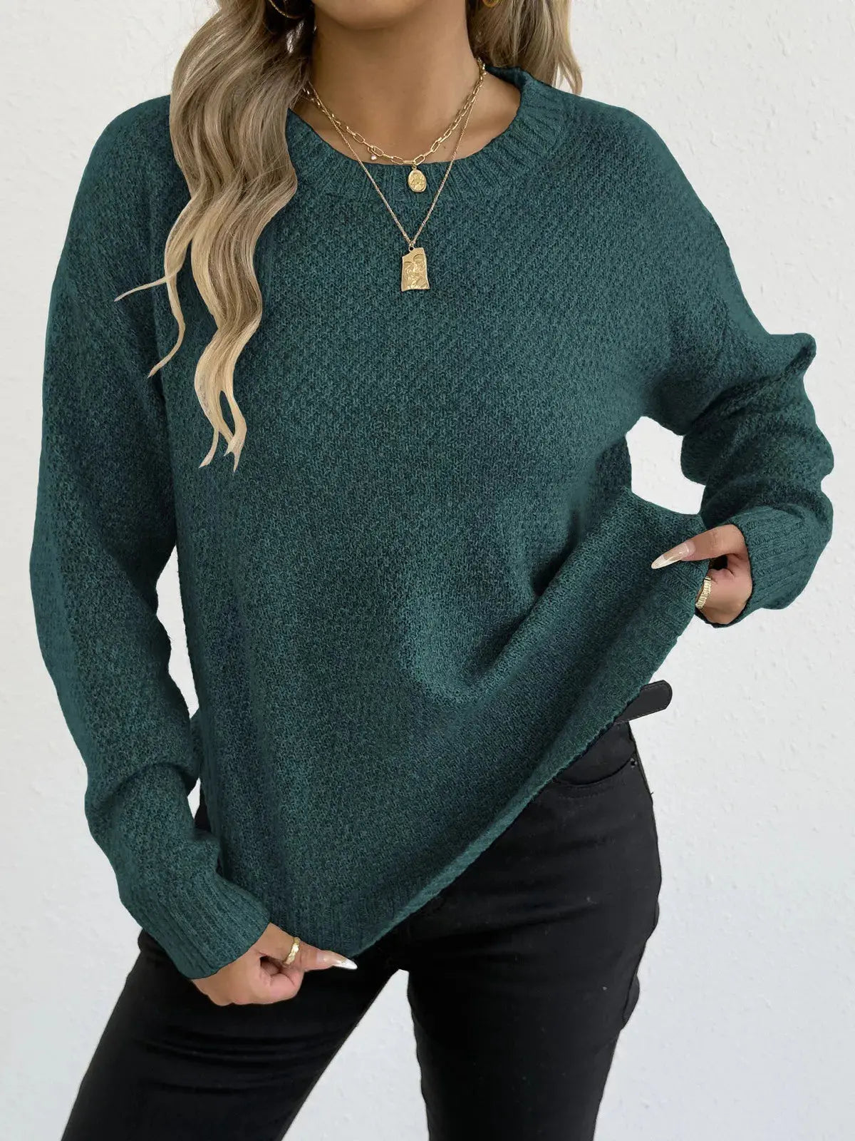Round Neck Textured Knit Relaxed Fit Sweater