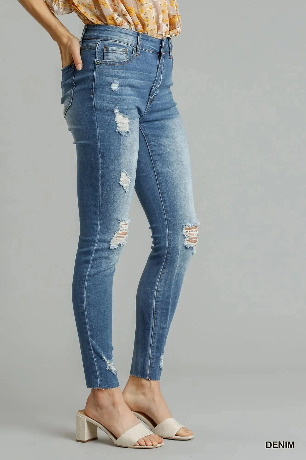 Umgee High Waist Distressed Skinny Jeans with Raw Hem