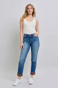 Full/Plus Size Plaid Print Cuff Straight Leg Judy Blue Jeans with Pockets