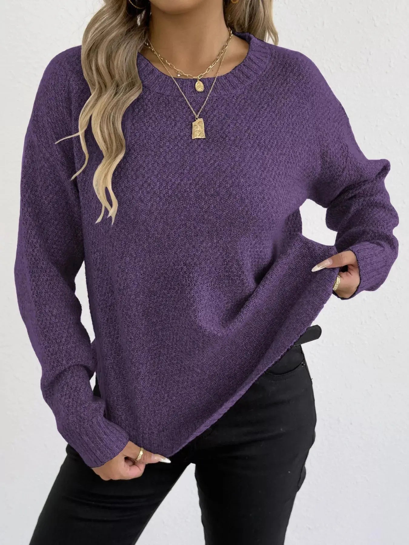 Round Neck Textured Knit Relaxed Fit Sweater
