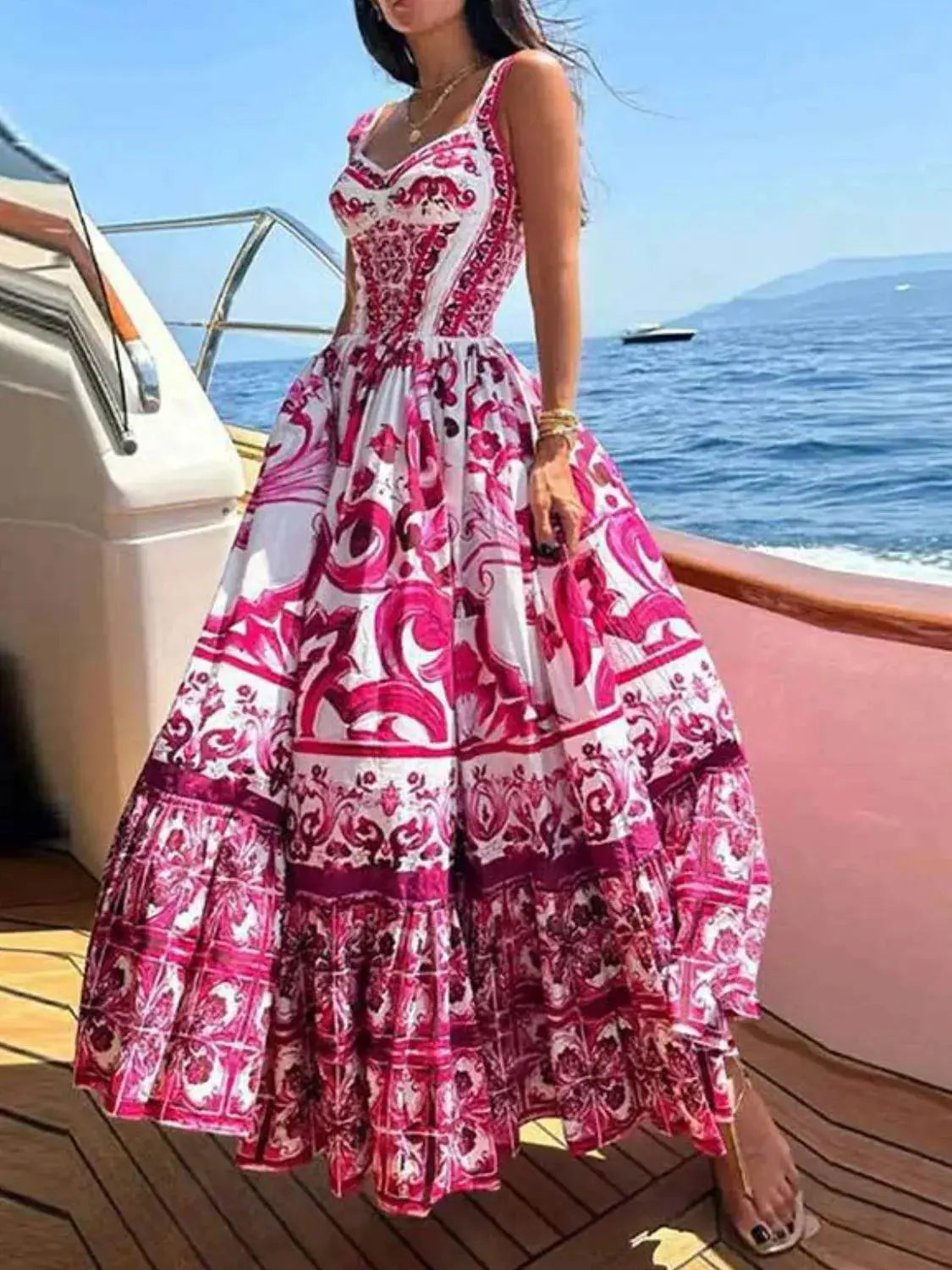 Smocked Blue Tile Print Wide Strap Midi Dress