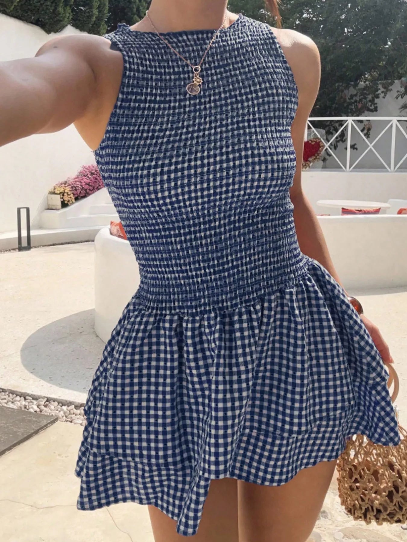 Smocked Gingham Mini Dress