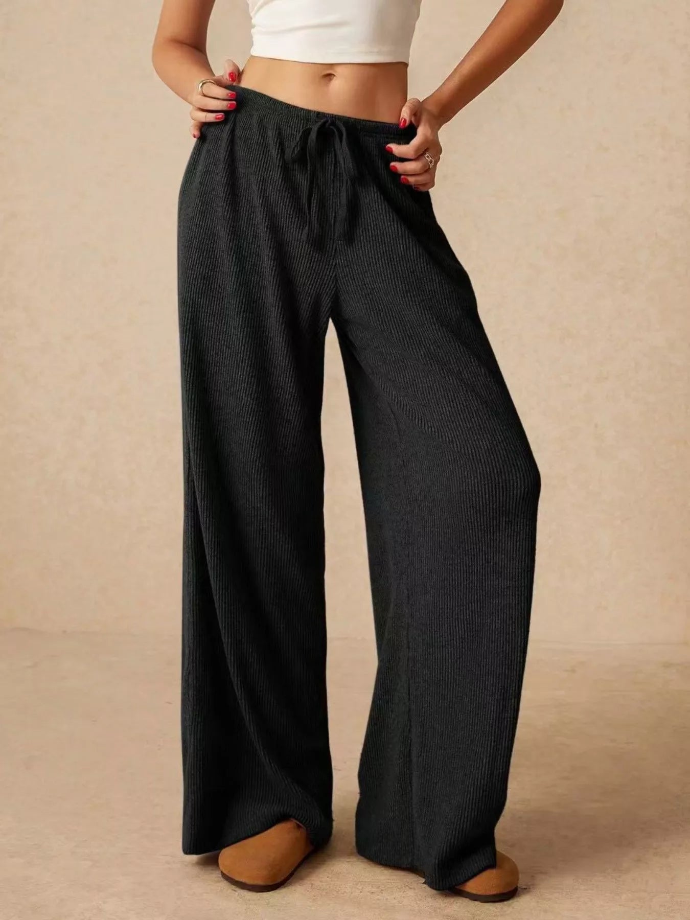Ribbed Drawstring Wide Leg Pants