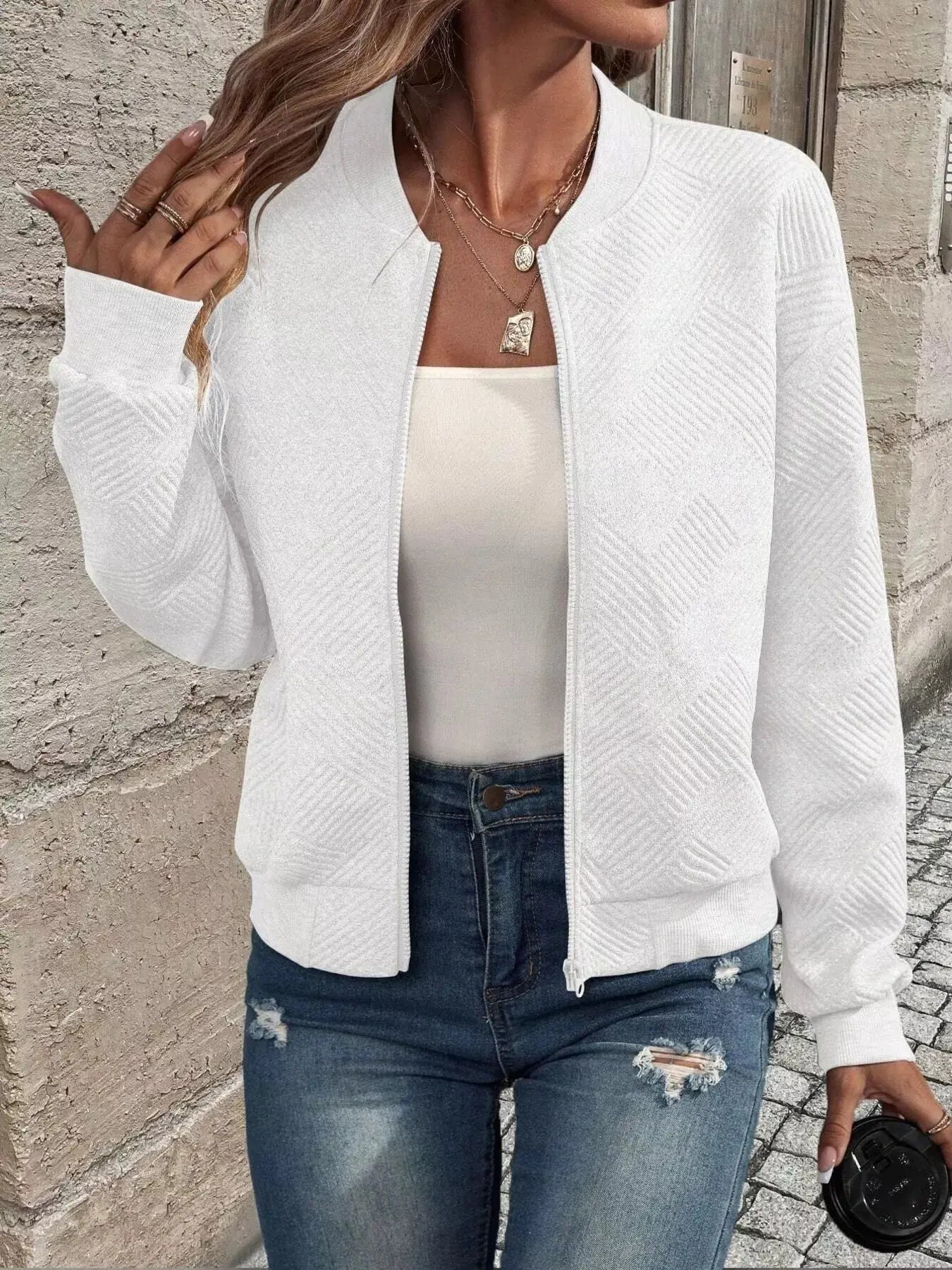 Texture Zip Up Bomber Jacket