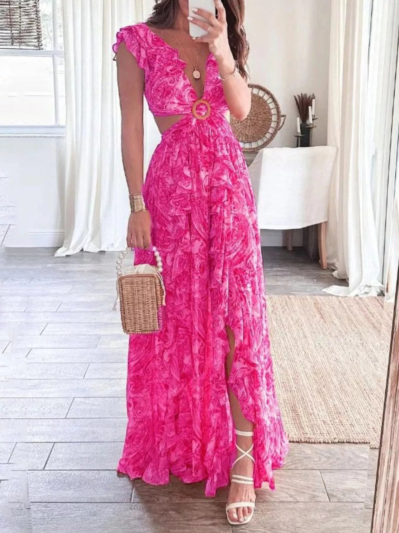 Full Size Ruffled Cutout V Neck Maxi Dress