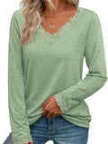Women's Lace Trim V Neck Long Sleeve Top