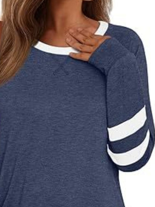 Casual Striped Sleeve Round Neck Long Sleeve T Shirt
