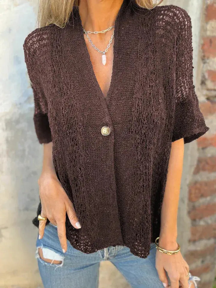 Full Size Knit Openwork One Button Cardigan