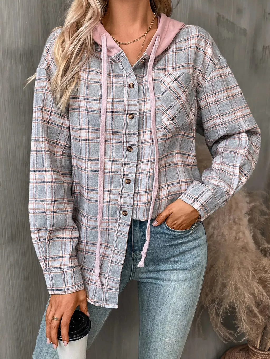 Plaid Button-Up Oversized Hooded Shirt with Chest Pocket