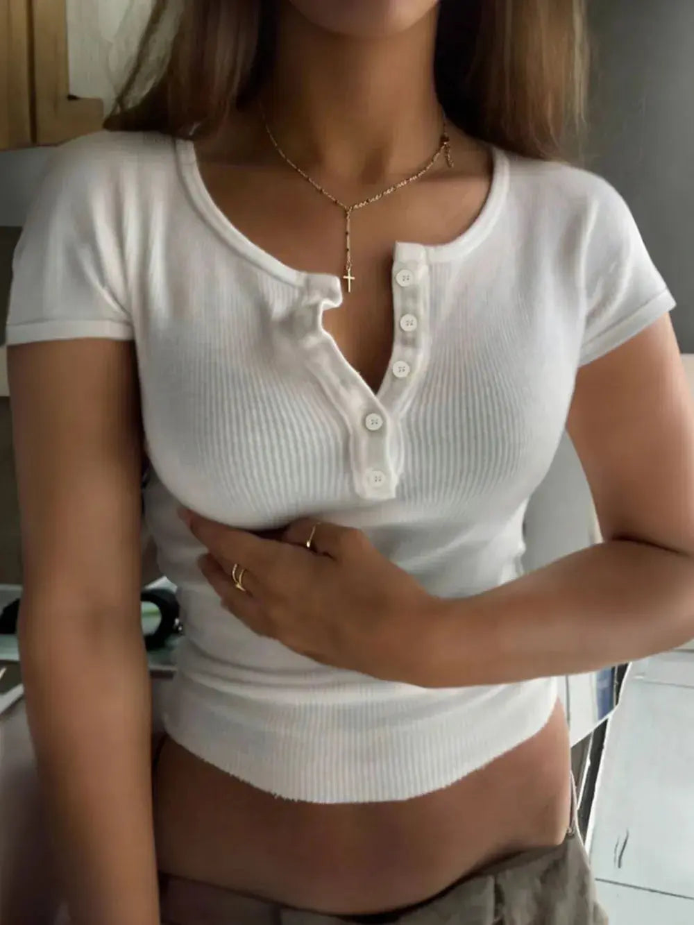 Ribbed Button Detail Round Neck Short Sleeve T Shirt