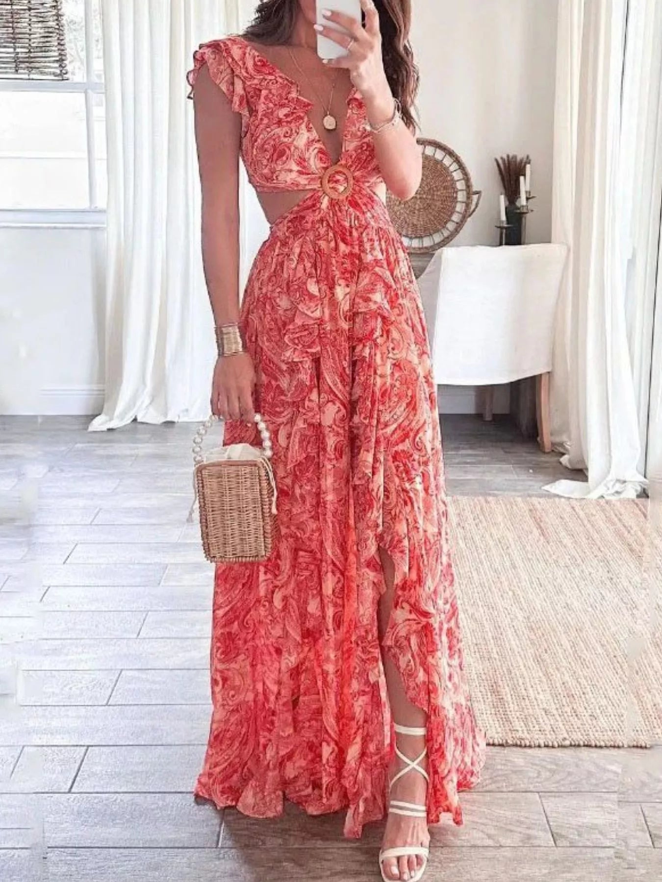 Full Size Ruffled Cutout V Neck Maxi Dress