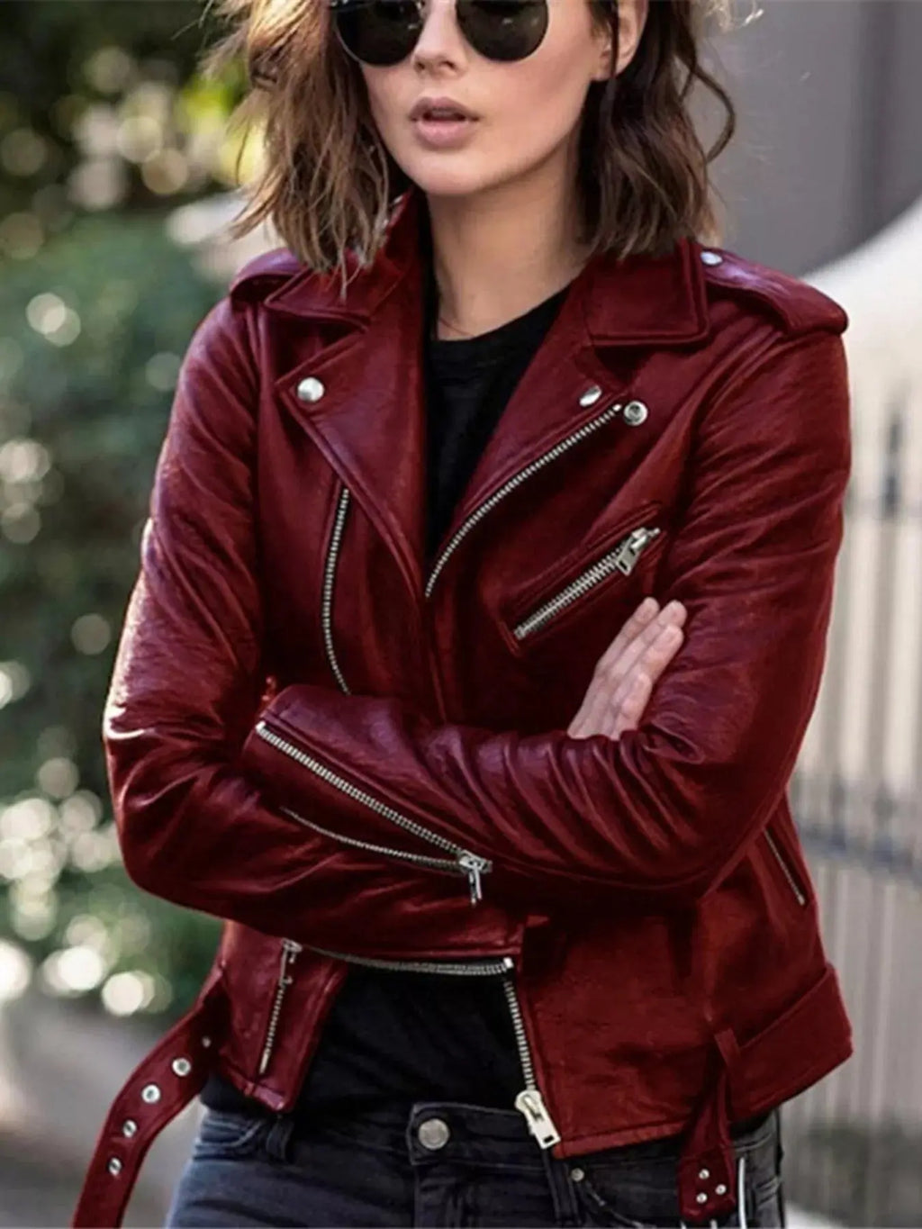 Plus Size Zip Up Motorcycle Biker Faux Leather Jacket