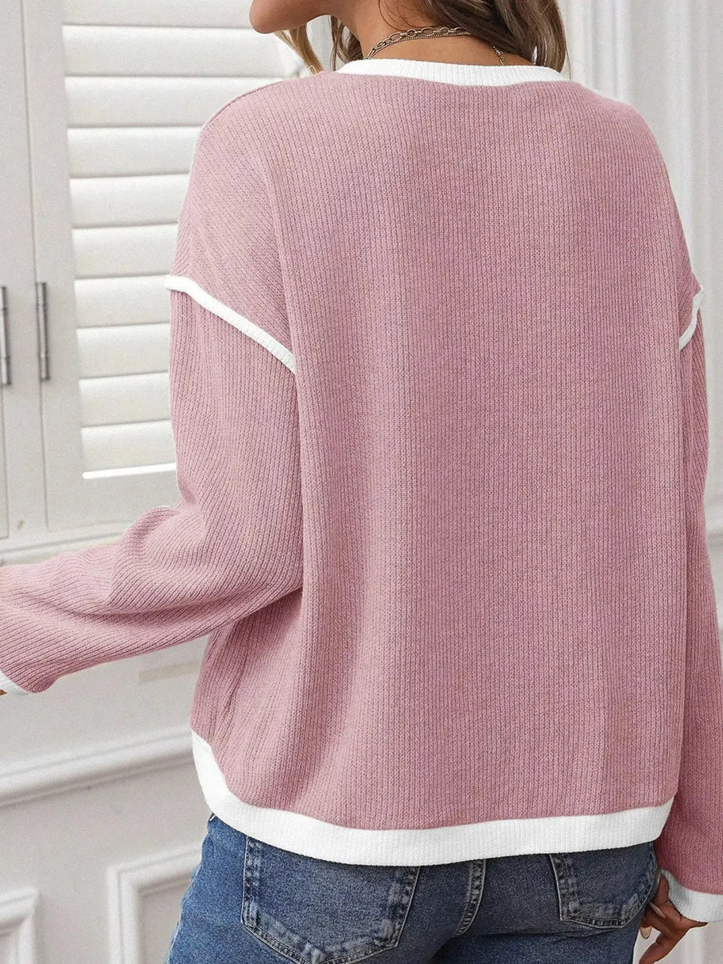 Contrast Color Trim Knit Loose Drop Shoulder Top